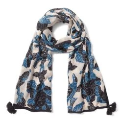 Blue & White Stylized Birds Oversize Oblong Scarf
