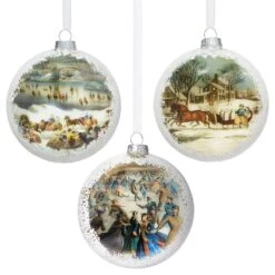 Currier & Ives Snowscapes Glass Disc Ornament Set