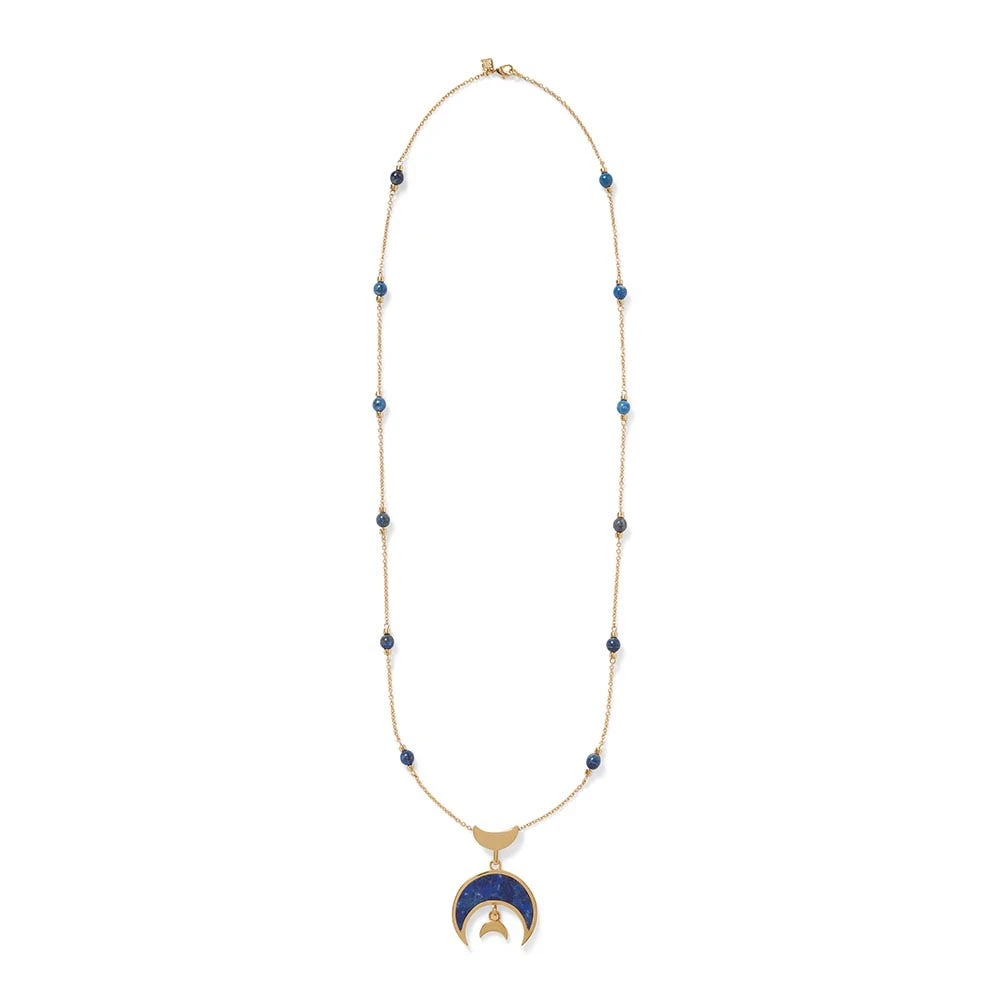 Fatimid Lapis Crescent Long Beaded Chain Pendant Necklace - Image 2