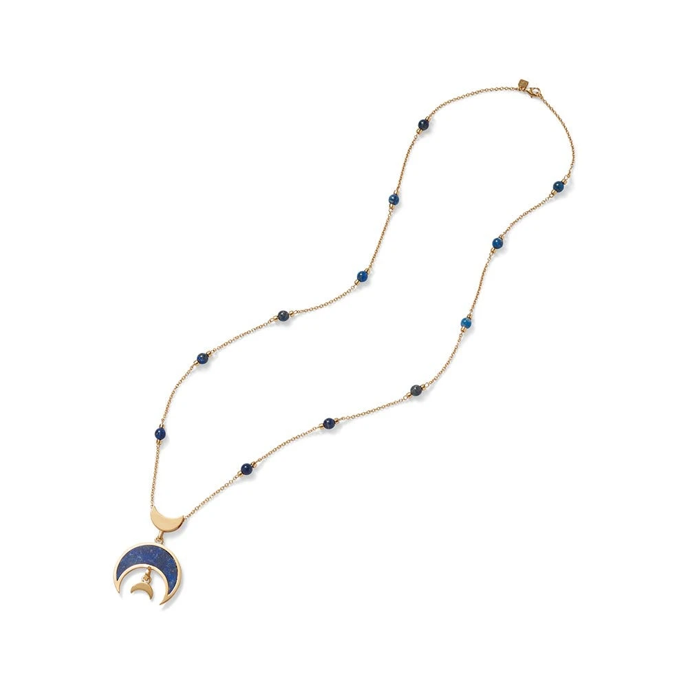 Fatimid Lapis Crescent Long Beaded Chain Pendant Necklace - Image 3
