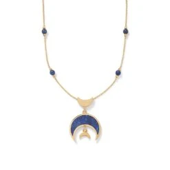Fatimid Lapis Crescent Long Beaded Chain Pendant Necklace