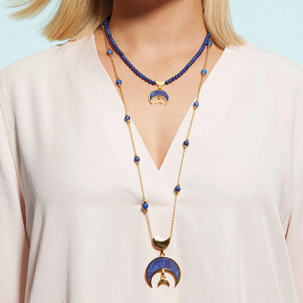 Fatimid Lapis Crescent Long Beaded Chain Pendant Necklace - Image 4