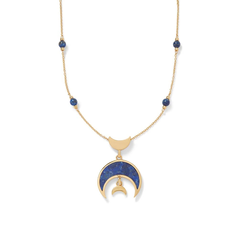 Fatimid Lapis Crescent Long Beaded Chain Pendant Necklace
