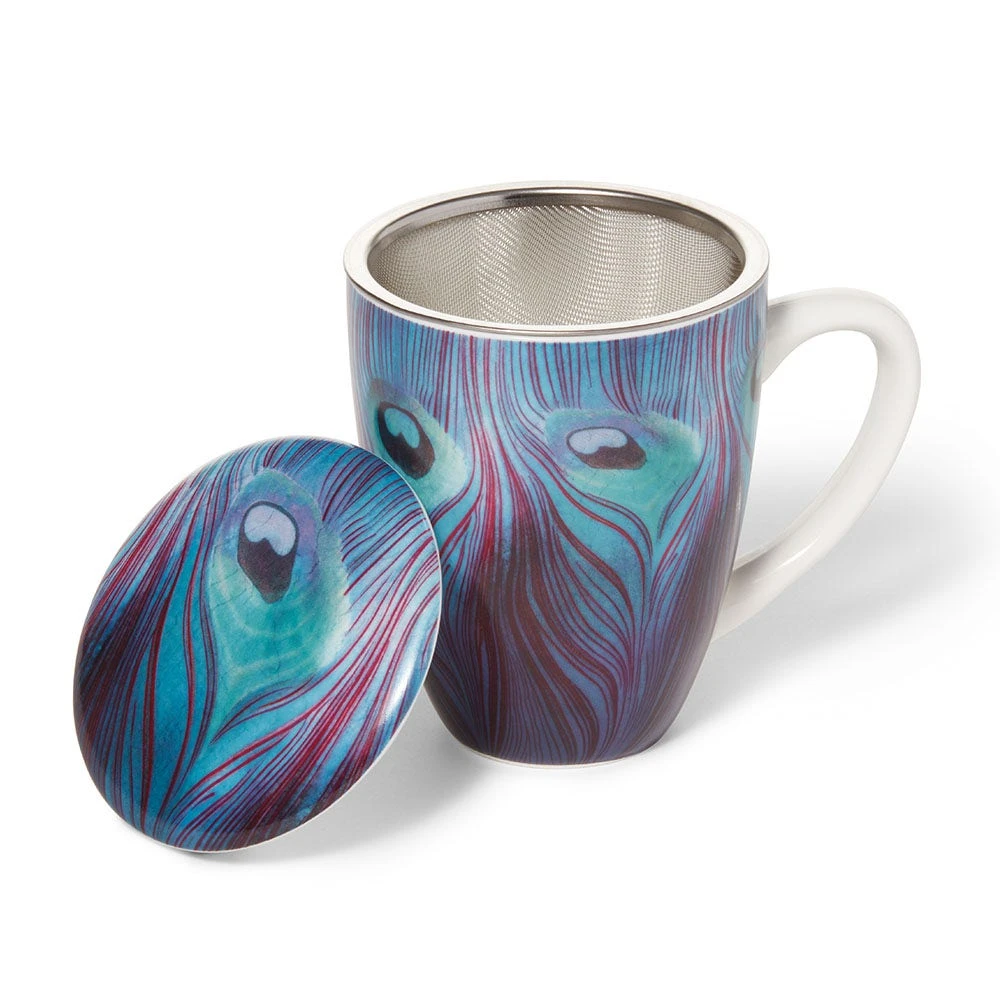 Louis C. Tiffany Peacock Feather Covered Mug With Tea Infuser